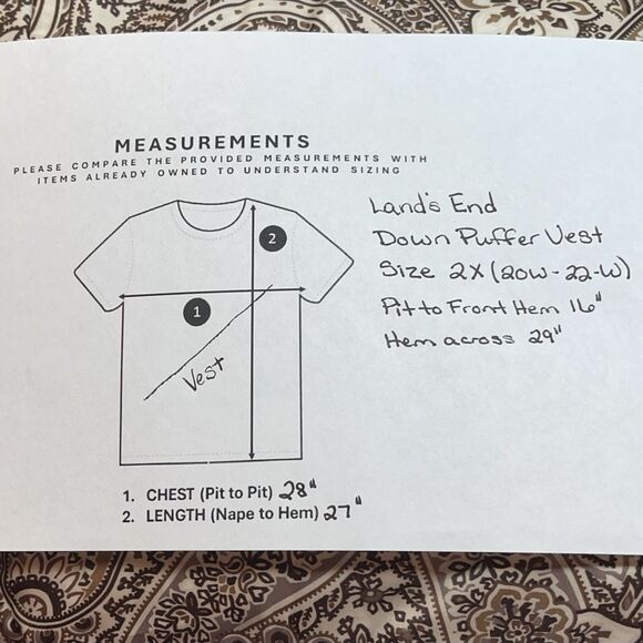 Land’s End Down Puffer Vest Full Zip Paisley Print Warm Tawny Brown Cream 2X New - Picture 2 of 12